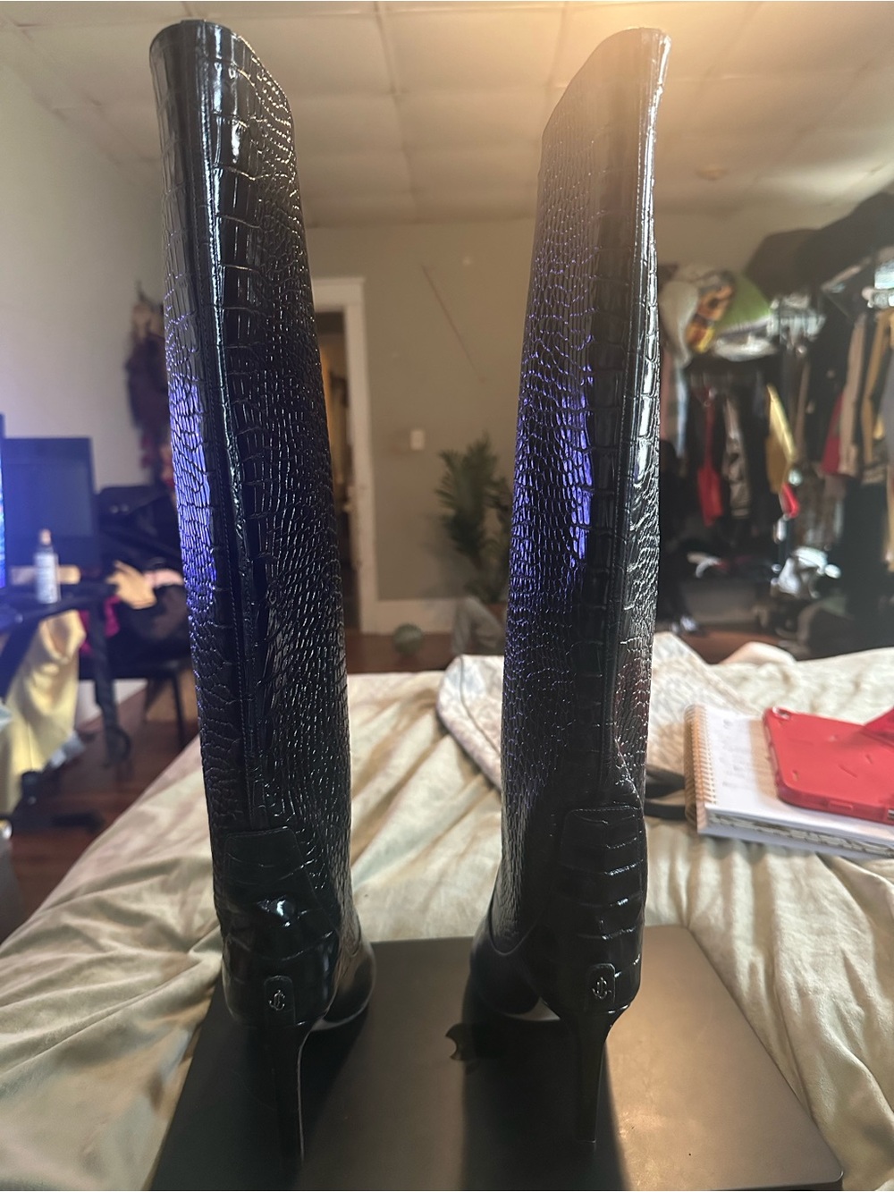 Jimmy Choo Black Croc-Embossed Knee-High Heeled Boots